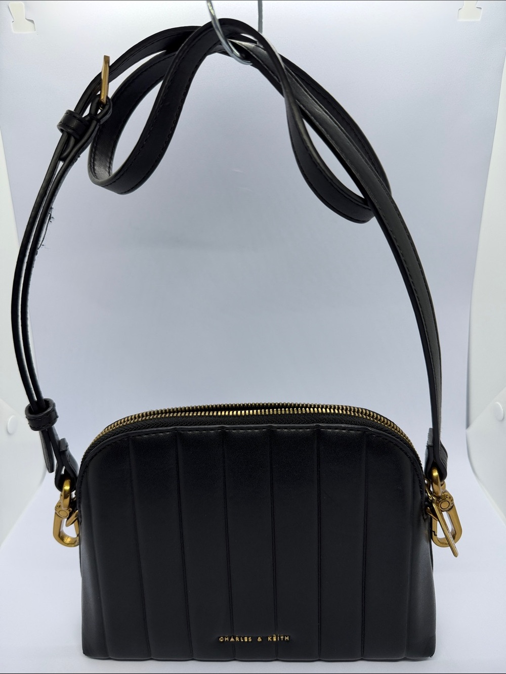 Charles & Keith Black Quilted Vertical-Panel Crossbody Bag